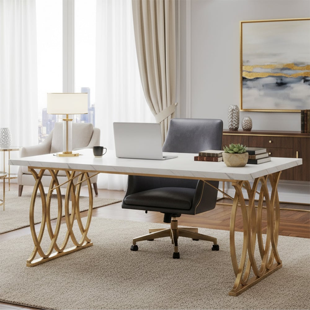Moderne skrivebord 160 cm - konstmarmor/guld / skrivebord med marmorplate