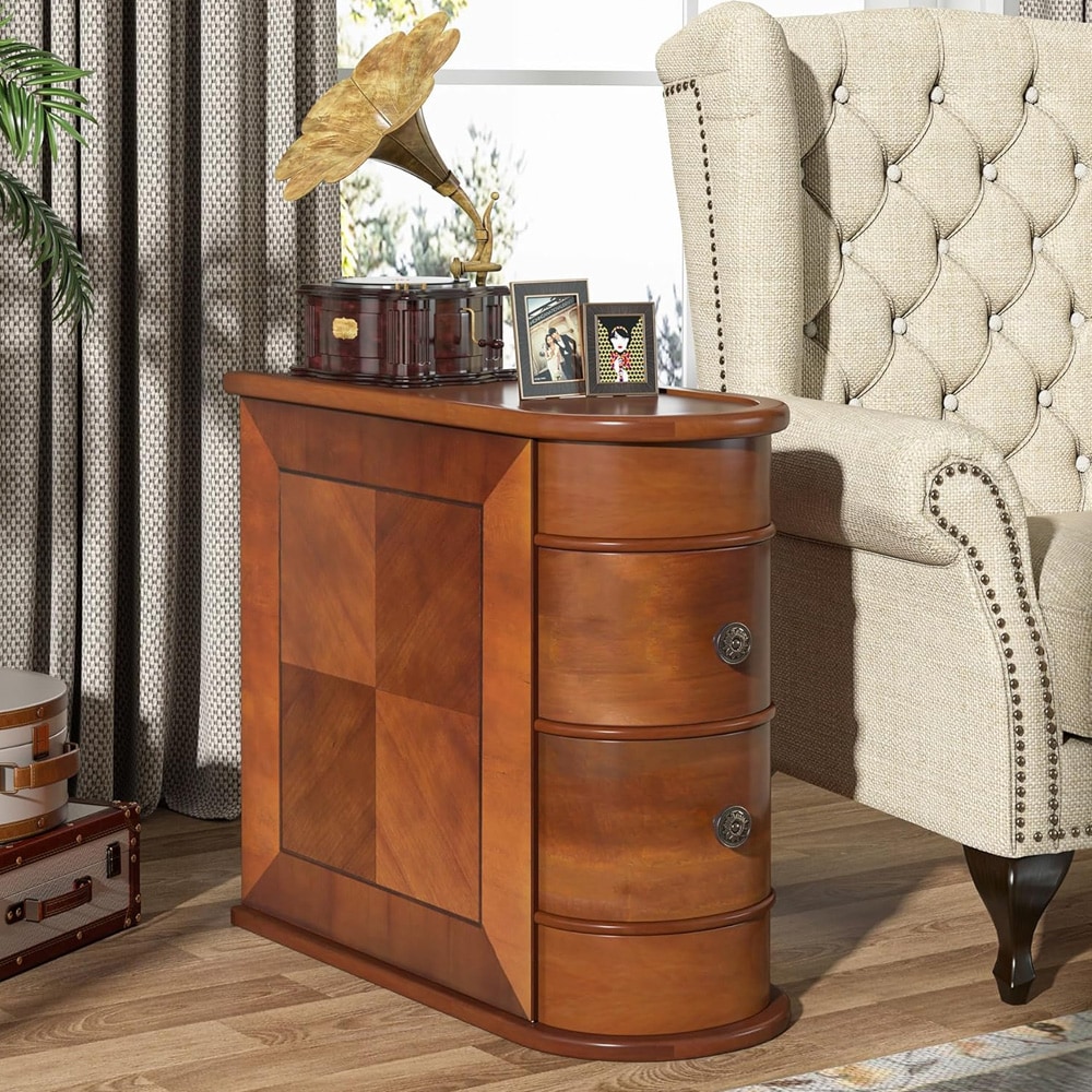 Sidebord i tre 60 x 27 x 60 cm brun / nattbord med 2 skuffer / avlastningsbord med avrundet design