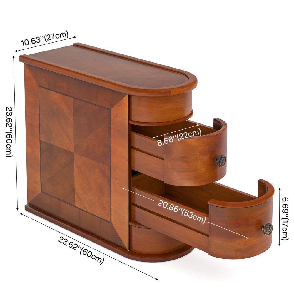 Sidebord i tre 60 x 27 x 60 cm brun / nattbord med 2 skuffer / avlastningsbord med avrundet design