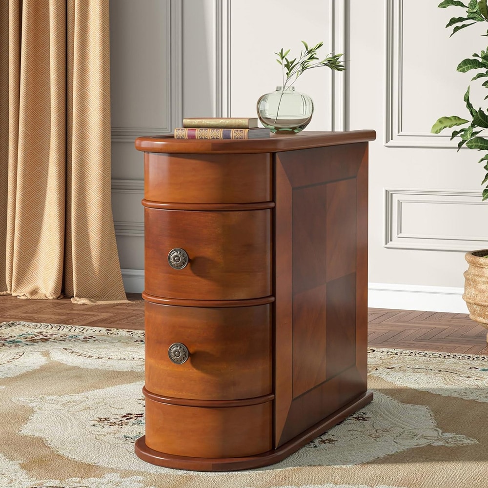 Rundt sidebord med 2 skuffer - Brun / nattbord / avlastningsbord / sidebord i tre