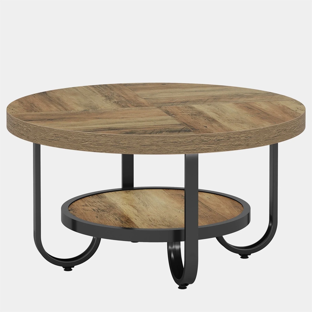 Rundt salongbord Ø79×45 cm / sofabord med 2 nivåer / stuebord i tre og metall – Brun/svart