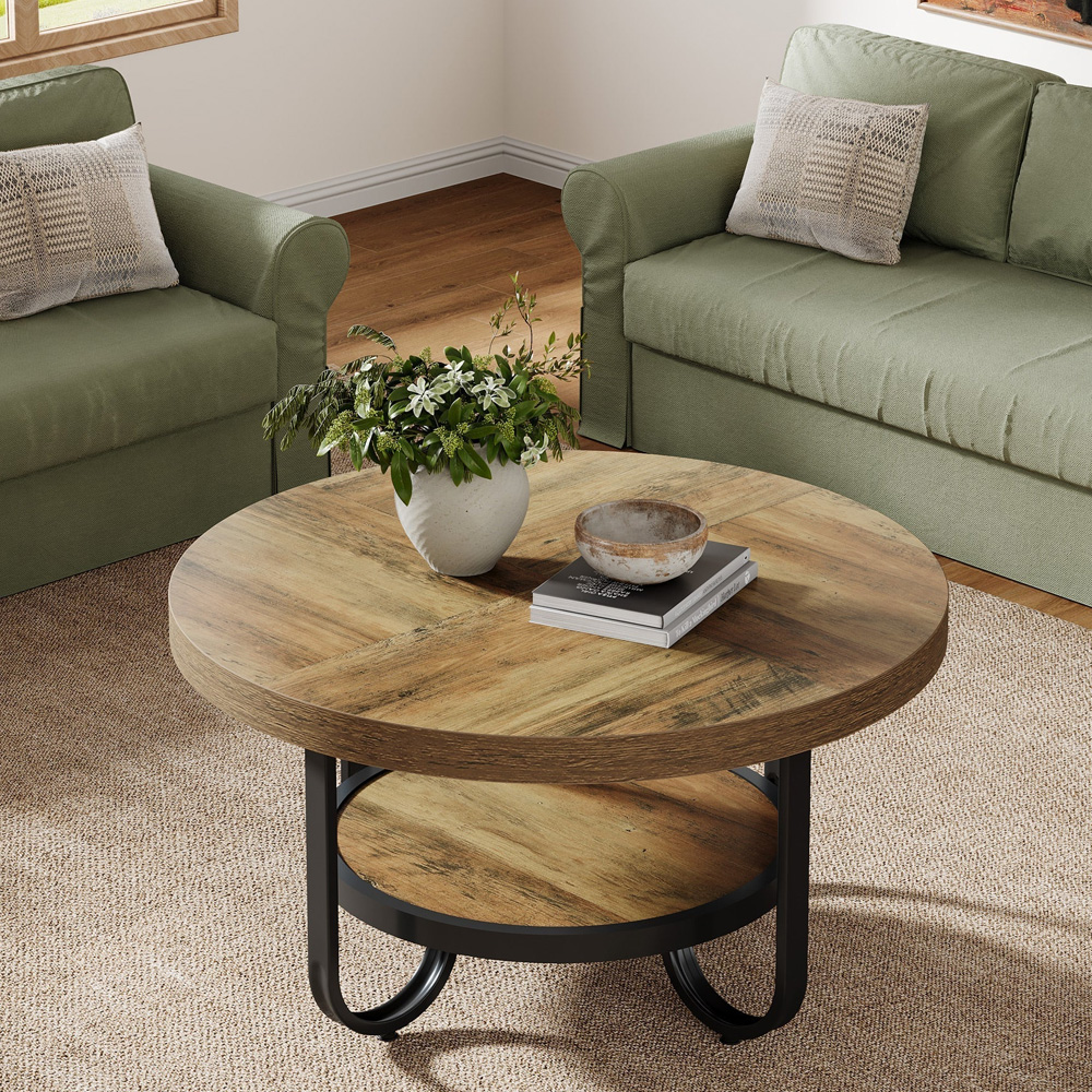 Rundt salongbord Ø79×45 cm / sofabord med 2 nivåer / stuebord i tre og metall – Brun/svart