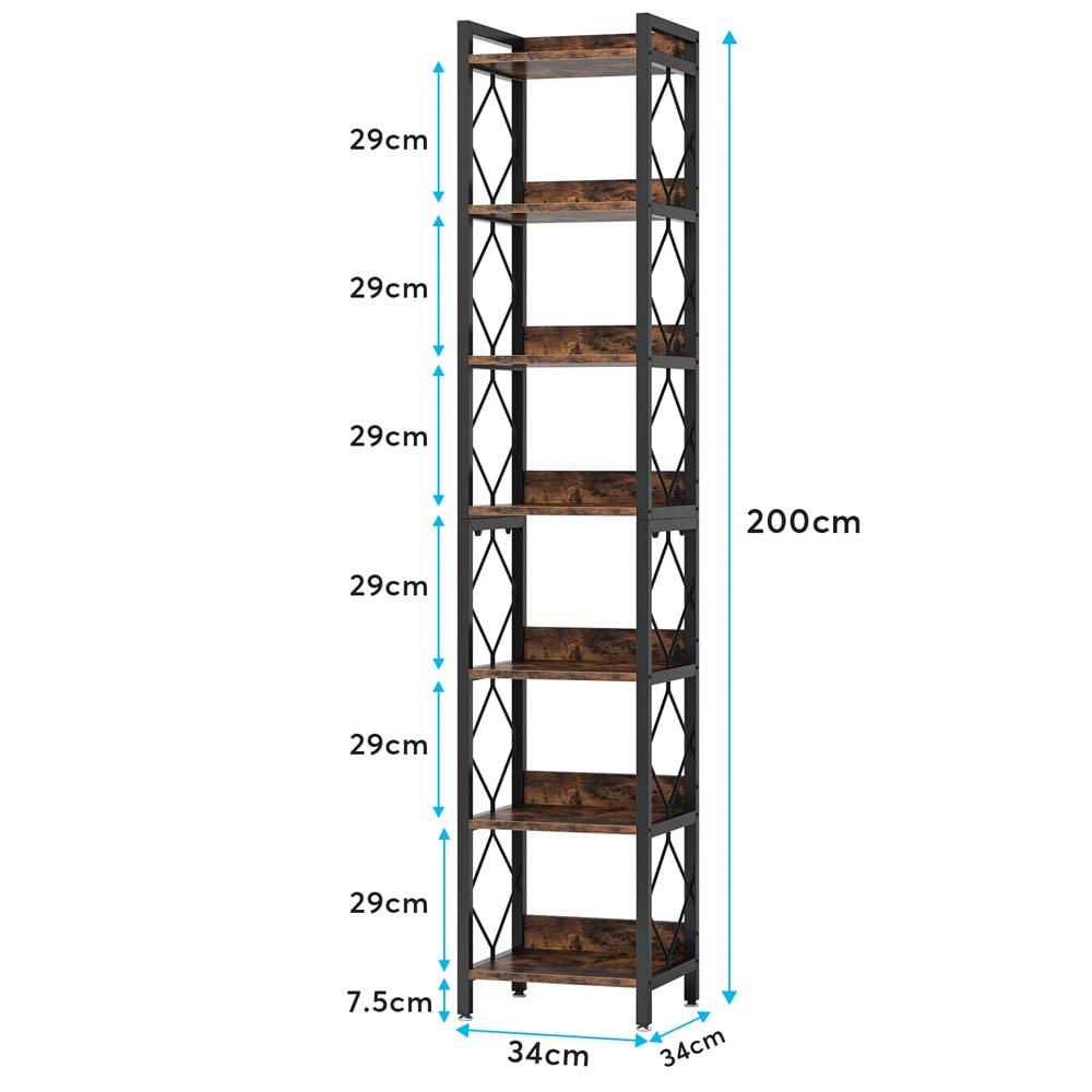 Bokhylle 34×34×200 cm / smal reol med 7 nivåer / gulvhylle i tre og metall - Svart/brun