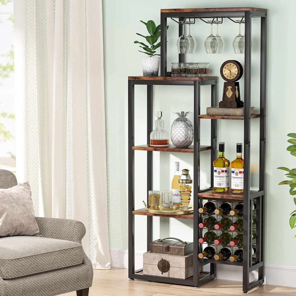 Vinreol 80×30×175 cm / vinstativ med 5 hyller / barhylle for 12+ flasker og 20+ glass - Brun/svart