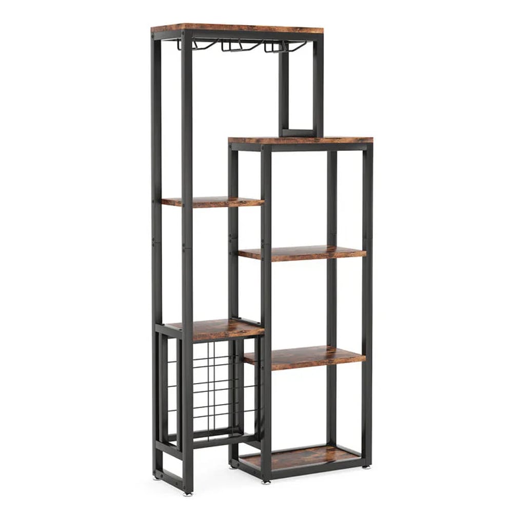 Vinreol 80×30×175 cm / vinstativ med 5 hyller / barhylle for 12+ flasker og 20+ glass - Brun/svart