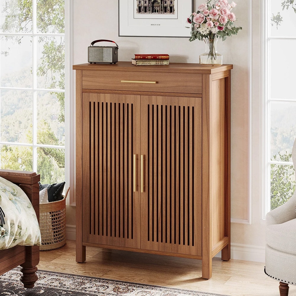 Skoskap 80×36×109 cm / entréskap med skuff / skohylle med justerbare hyller og lamelldører – Brun