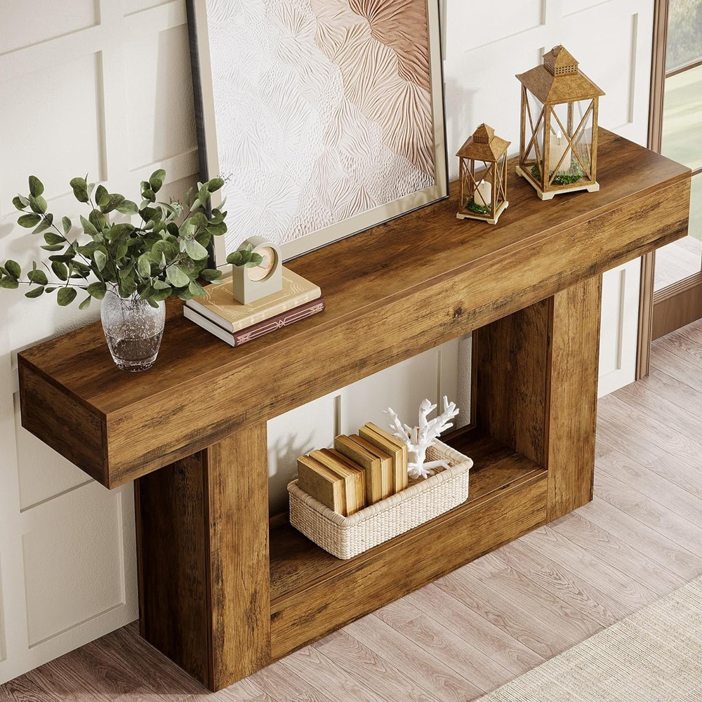 Konsollbord 160×30×82 cm / langt avlastningsbord med hylle / smalt sidebord i tre – Rustikkbrun