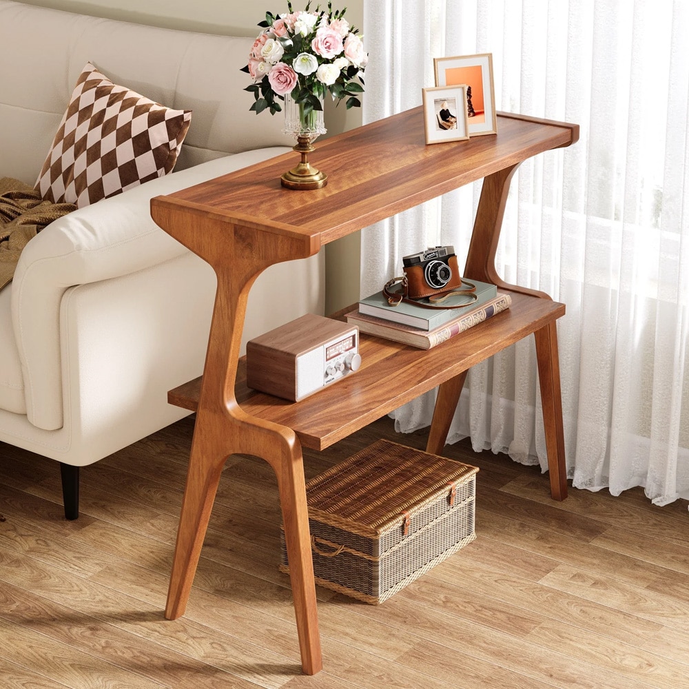 Sidebord 70×30×67 cm / smalt nattbord med 2 hyller / avlastningsbord i tre – Valnøtt
