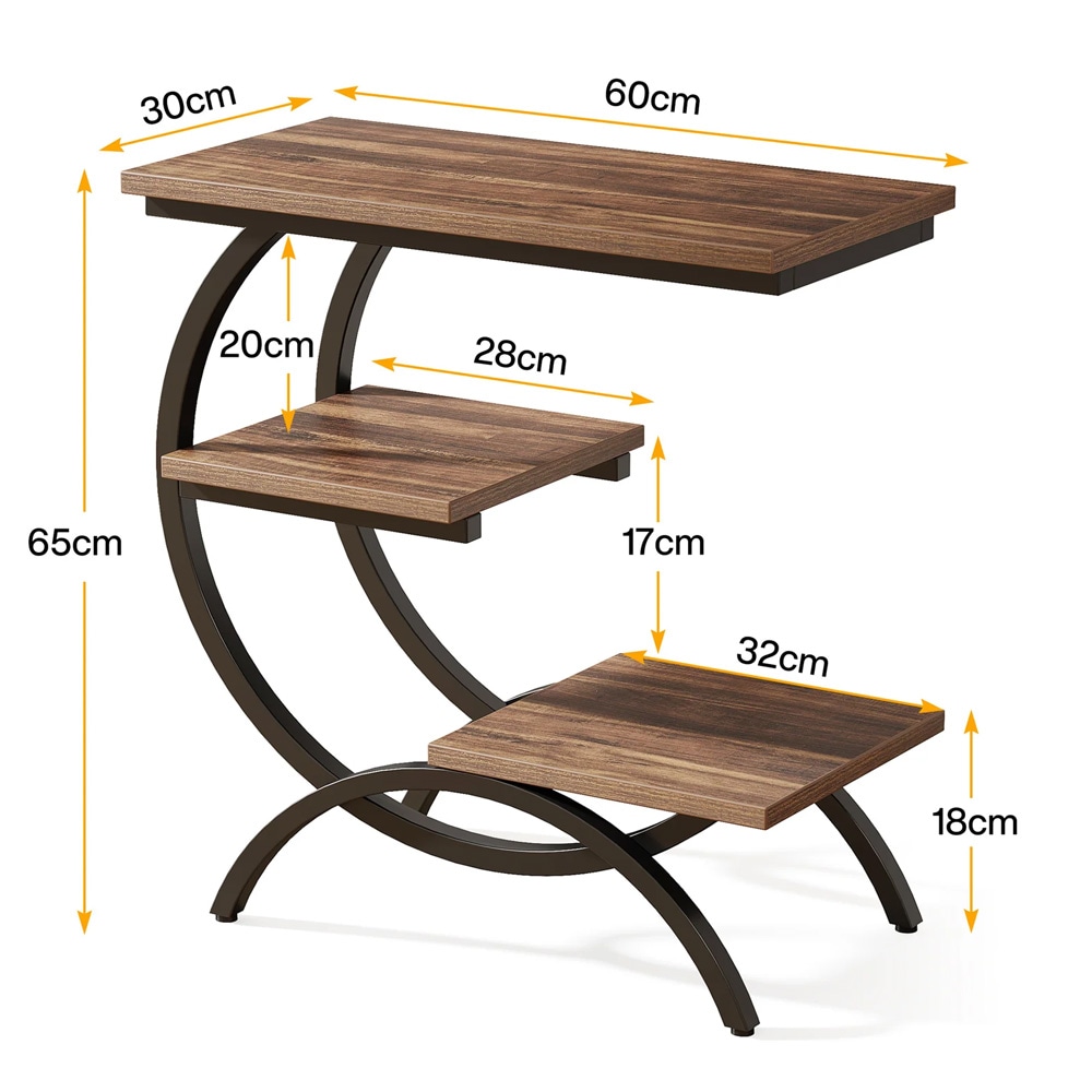 C-formet sidebord 60 x 30 x 65 cm / brun-svart bord med tre hyller / smalt avlastningsbord