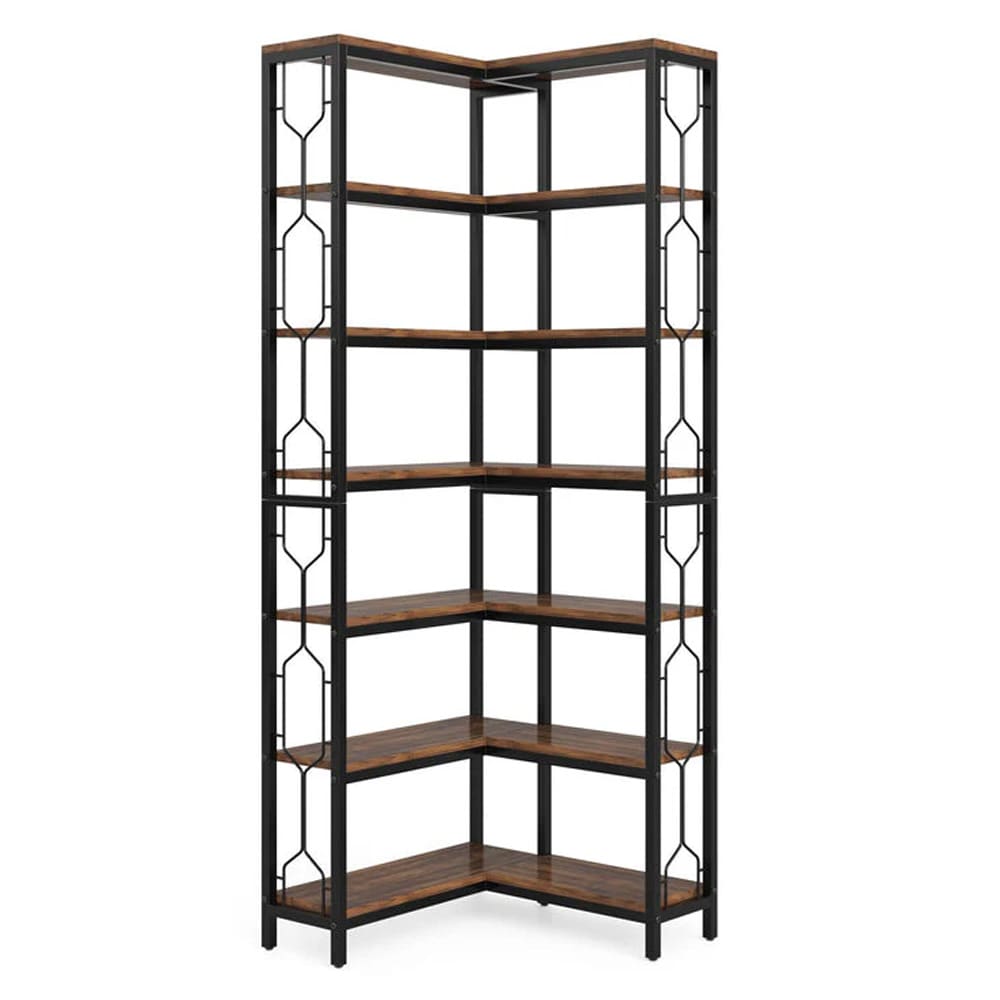 Hjørnebokhylle 60×60×200 cm / høy hjørnereol med 7 nivåer / bokhylle i tre og metall – Brun/svart