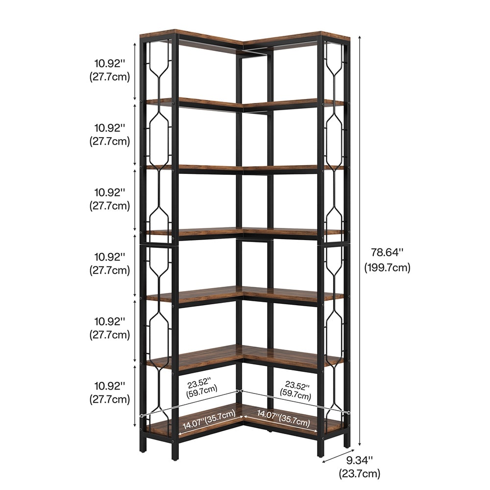 Hjørnebokhylle 60×60×200 cm / høy hjørnereol med 7 nivåer / bokhylle i tre og metall – Brun/svart