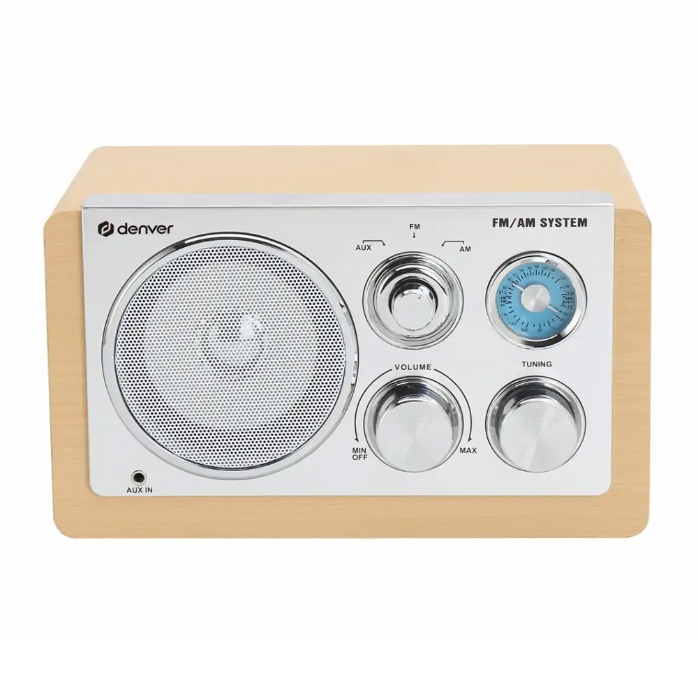 Denver TR-63LW AM/FM-radio / bærbar analog radio med AUX-inngang / radio i bambus/sølv