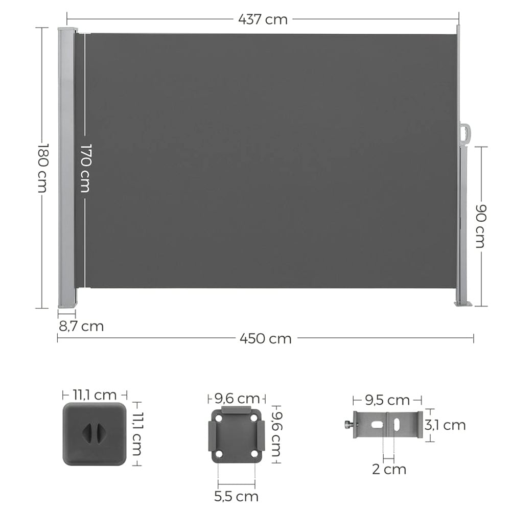 Uttrekkbar sidemarkise 180×450 cm / innsynsskjerm til terrasse og balkong med UPF 50+ – Grå