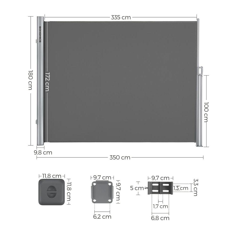 Uttrekkbar sidemarkise 180×300 cm / innsynsskjerm til balkong, terrasse og hage – Grå