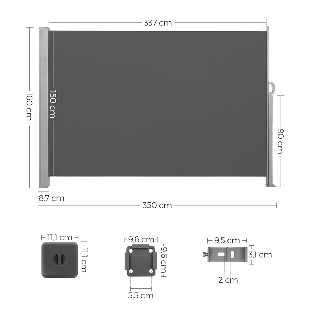 Uttrekkbar sidemarkise 160×350 cm / innsynsskjerm til balkong, terrasse og hage – Grå