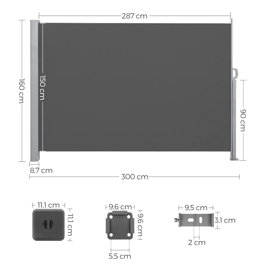 Uttrekkbar innsynsskjerm 1,6 x 3 m / sidemarkise / sideskjerm for balkong og uteplass / grå balkongskjerm