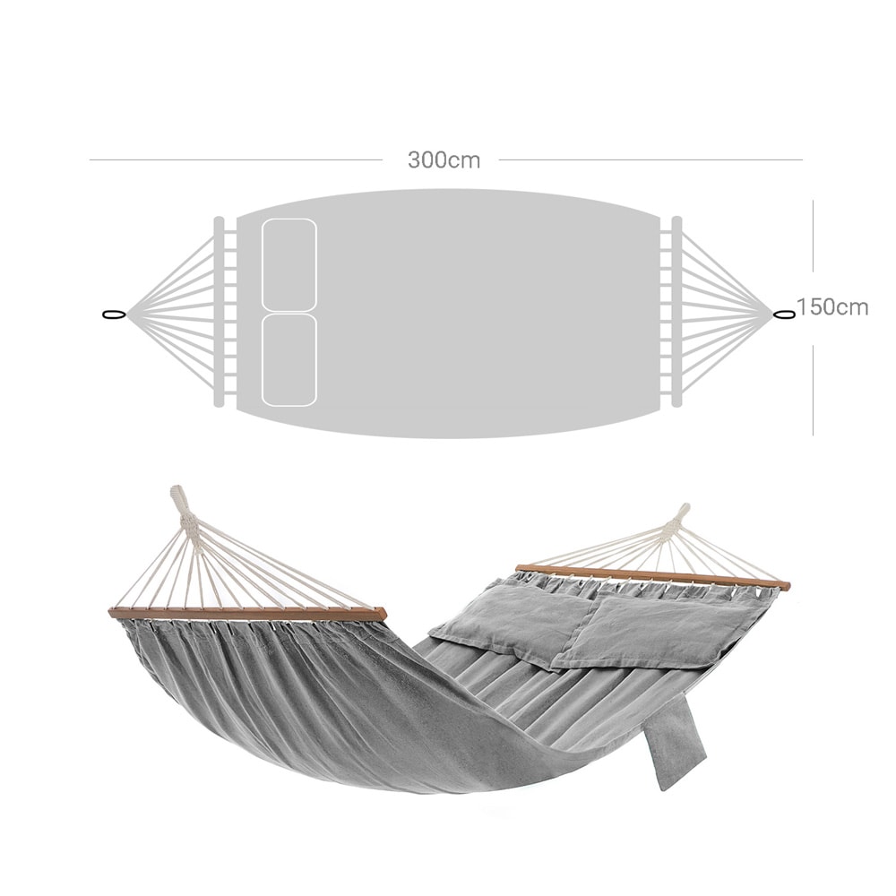 Hengekøye 210 x 150 cm grå / dobbel campinghengekøye / hagehengekøye med puter / transportveske