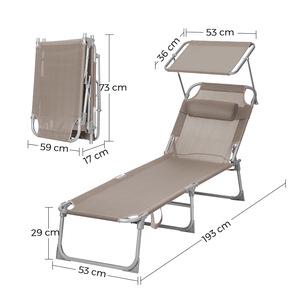 Solseng med solskjerm / sammenleggbar strandseng / justerbar hageseng 193 x 55 cm