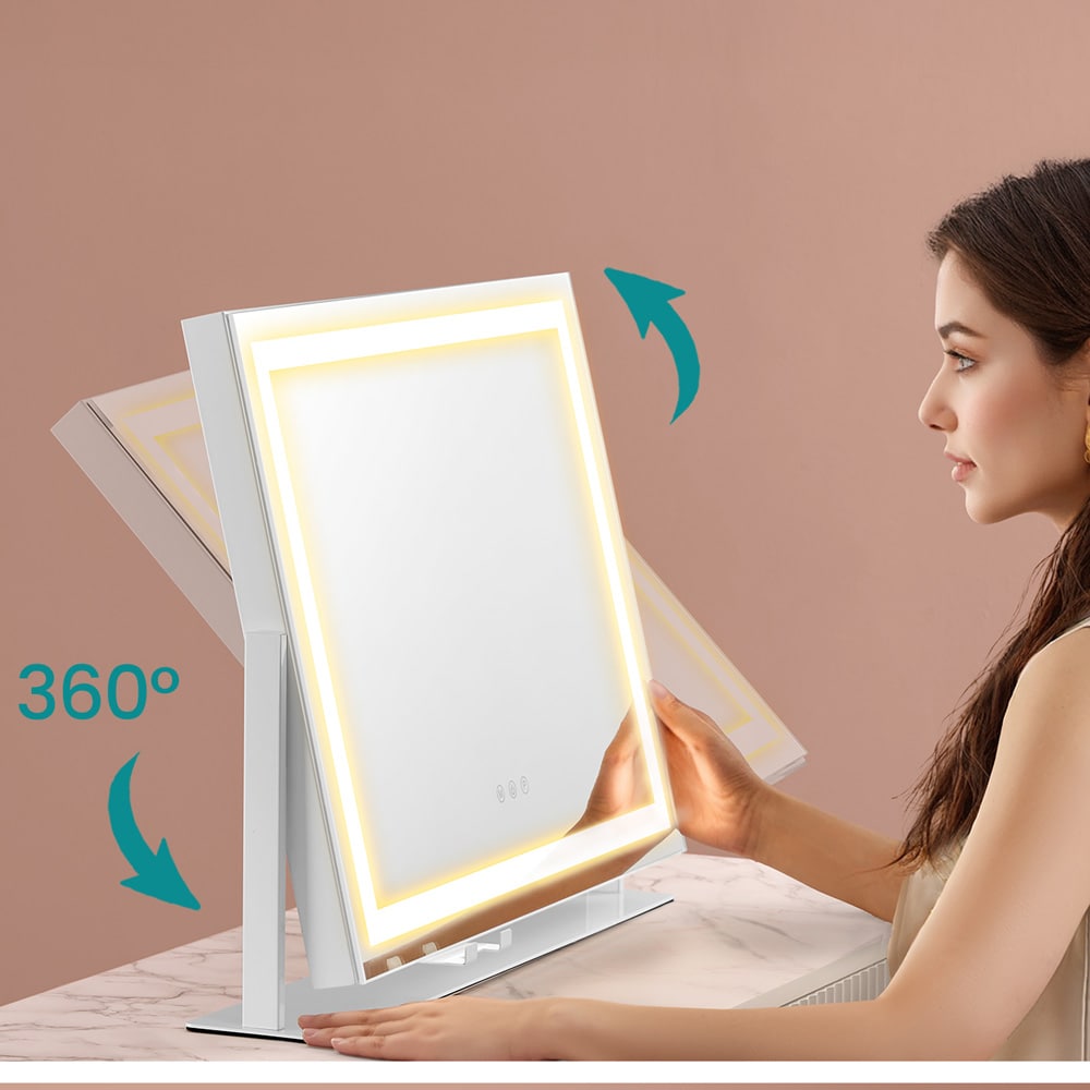 Sminkespeil med LED-lys 58×43 cm / bordspeil med USB-porter og mobilholder – Hvit