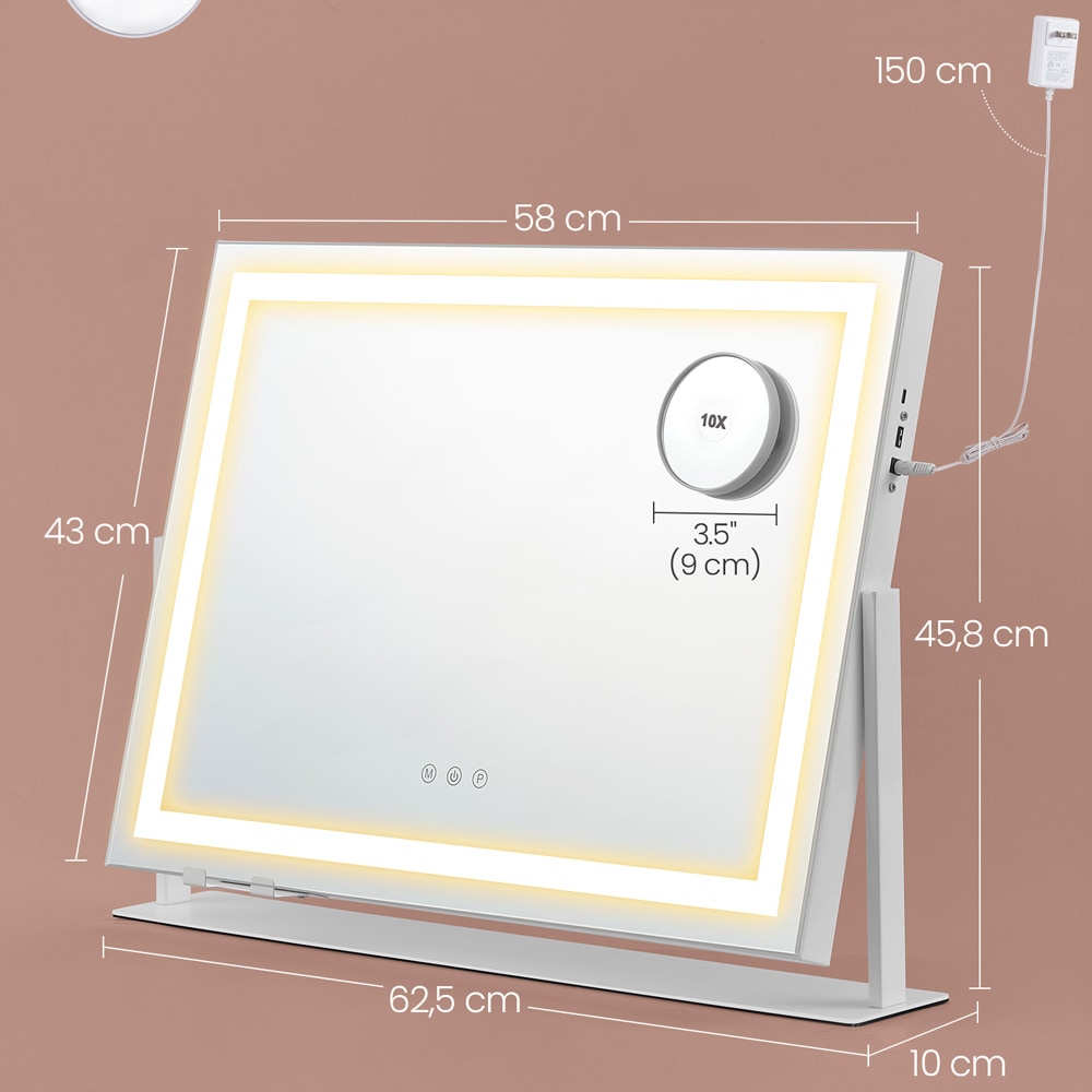 Sminkespeil med LED-lys 58×43 cm / bordspeil med USB-porter og mobilholder – Hvit