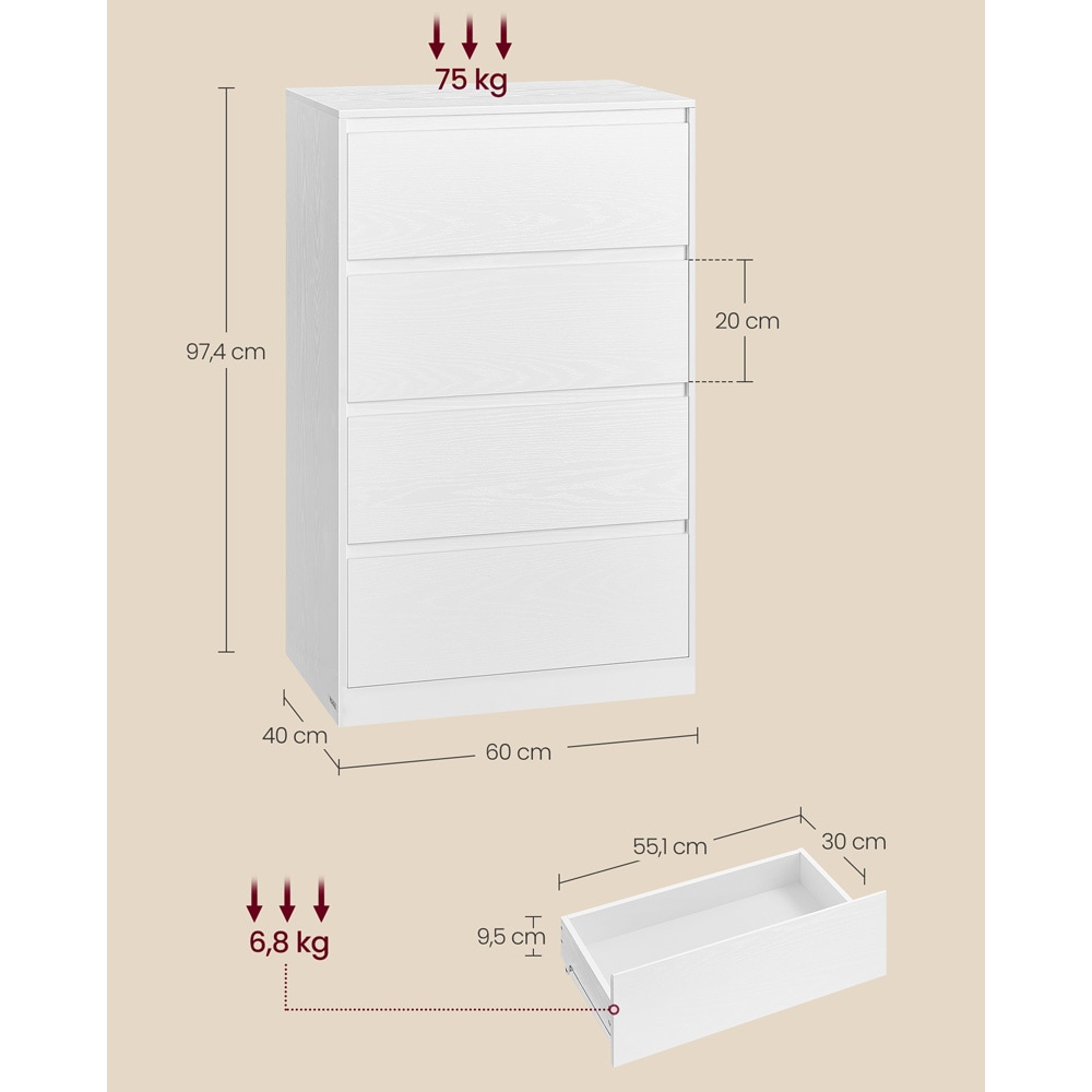 Kommode 40×60×97 cm / høy soveromskommode med fire skuffer – Hvit