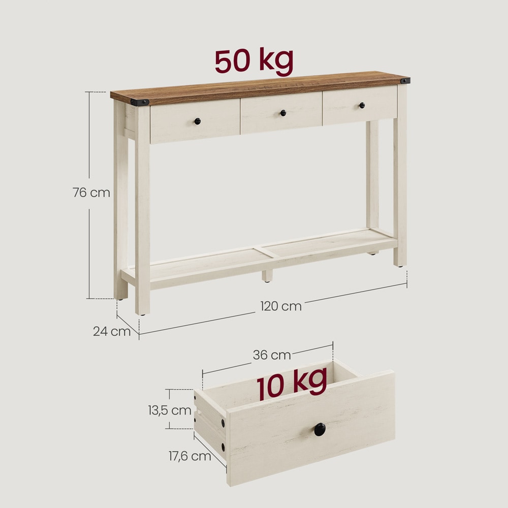 Konsollbord / sidebord i landlig stil med tre skuffer og åpen hylle – Hvit/natur