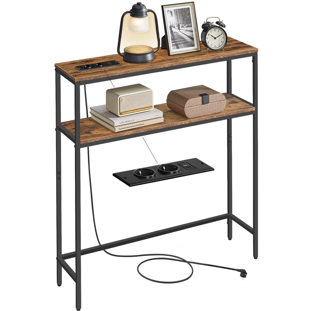 Konsollbord 20×80×80 cm / smalt sidebord med stikkontakter, USB-porter og to hyller