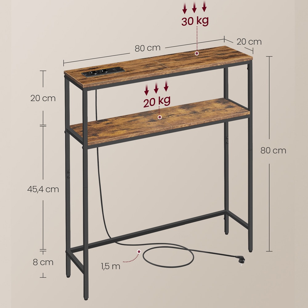 Konsollbord 20×80×80 cm / smalt sidebord med stikkontakter, USB-porter og to hyller