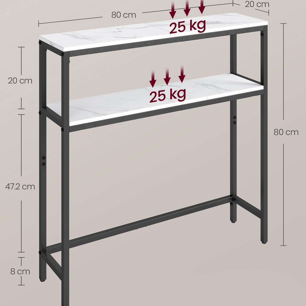 Konsollbord 20×80×80 cm / smalt sidebord med marmorutseende og metallramme