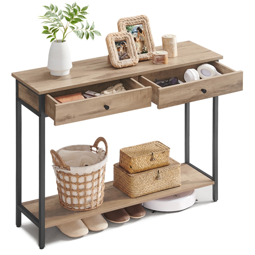 Konsollbord 100×30×80 cm / entrébord / sidebord i industriell stil med to skuffer – Tre/svart