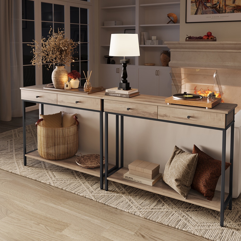 Konsollbord 100×30×80 cm / entrébord / sidebord i industriell stil med to skuffer – Tre/svart