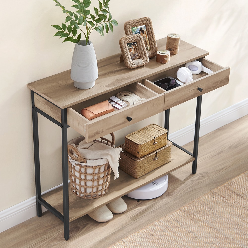 Konsollbord 100×30×80 cm / entrébord / sidebord i industriell stil med to skuffer – Tre/svart