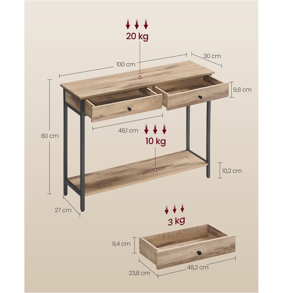 Konsollbord 100×30×80 cm / entrébord / sidebord i industriell stil med to skuffer – Tre/svart