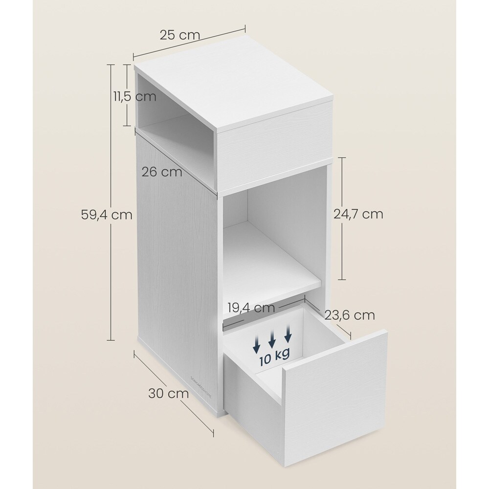 Nattbord 30×25×59,4 cm / smalt sidebord med skuff og åpne hyller – Hvit