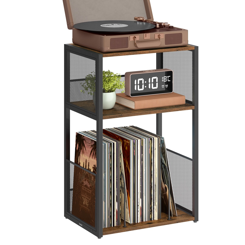 Stereobenk 30×43×69 cm / LP-stativ, vinyloppbevaring og sidebord med tre hyller – Brun/svart