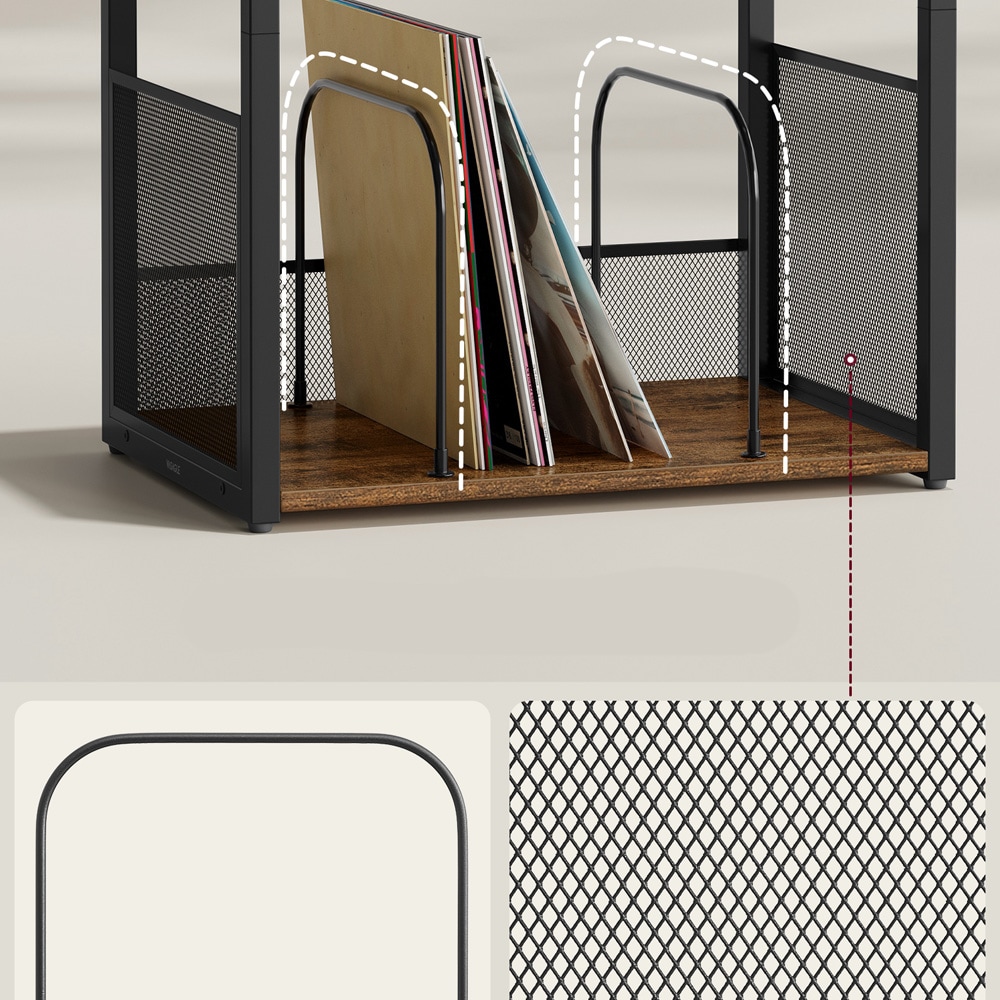 Stereobenk 30×43×69 cm / LP-stativ, vinyloppbevaring og sidebord med tre hyller – Brun/svart