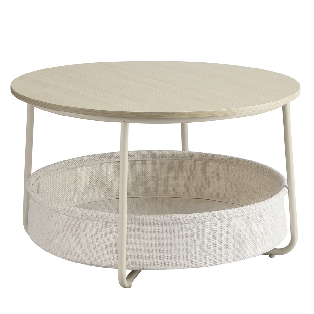 Rundt sofabord Ø75×45 cm / salongbord / stuebord med 57,7 l oppbevaringskurv – Beige/hvit