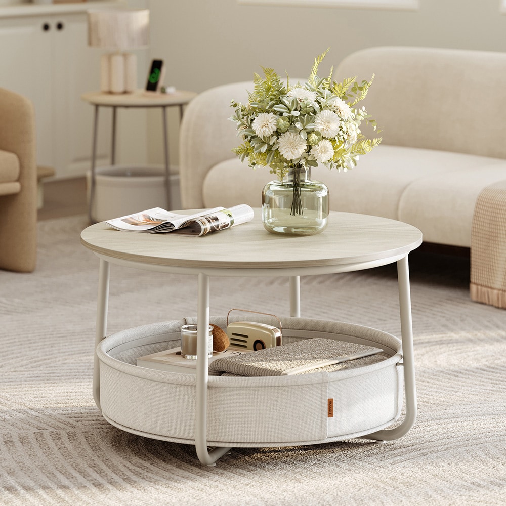 Rundt sofabord Ø75×45 cm / salongbord / stuebord med 57,7 l oppbevaringskurv – Beige/hvit