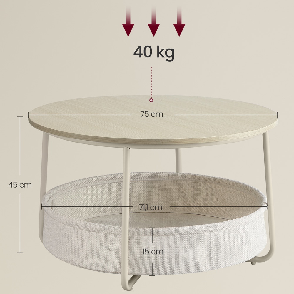 Rundt sofabord Ø75×45 cm / salongbord / stuebord med 57,7 l oppbevaringskurv – Beige/hvit