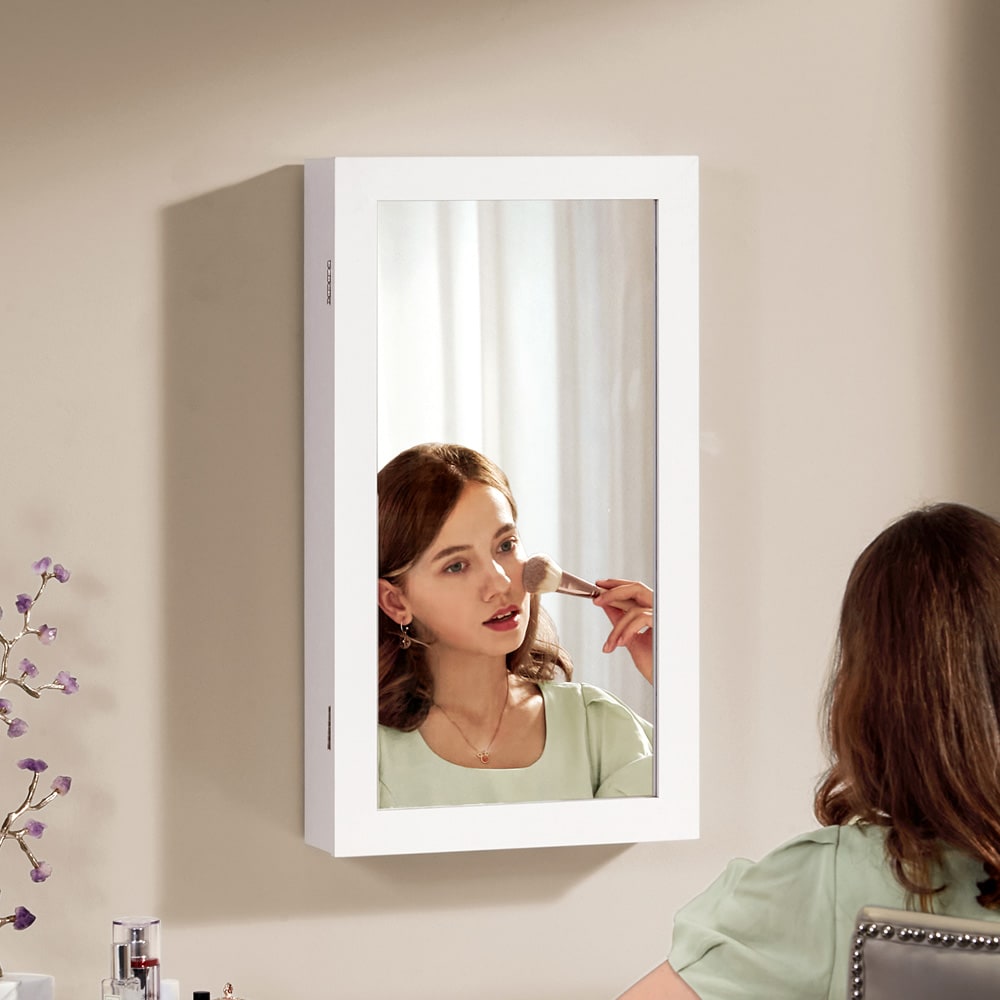 Smykkeskap med speil - Hvit / smykkeoppbevaring vegg / smykkeskap låsbart