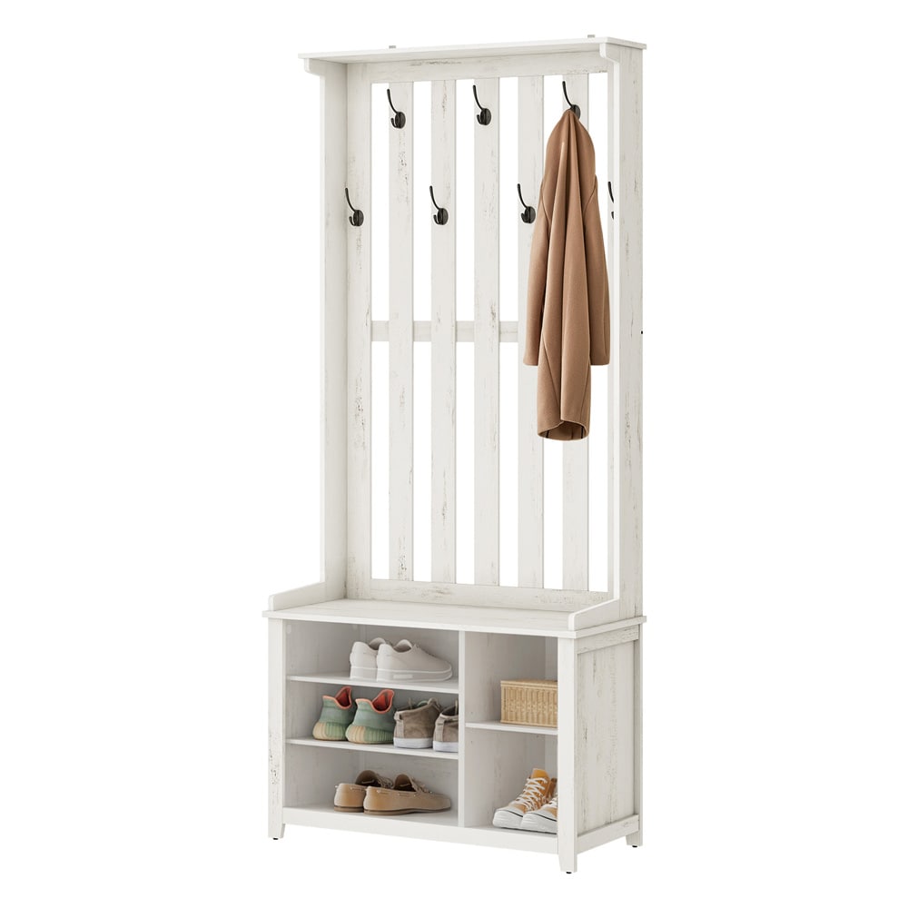 Gangmøbel 81×35×180 cm / garderobestativ med benk og justerbar skohylle – Hvit