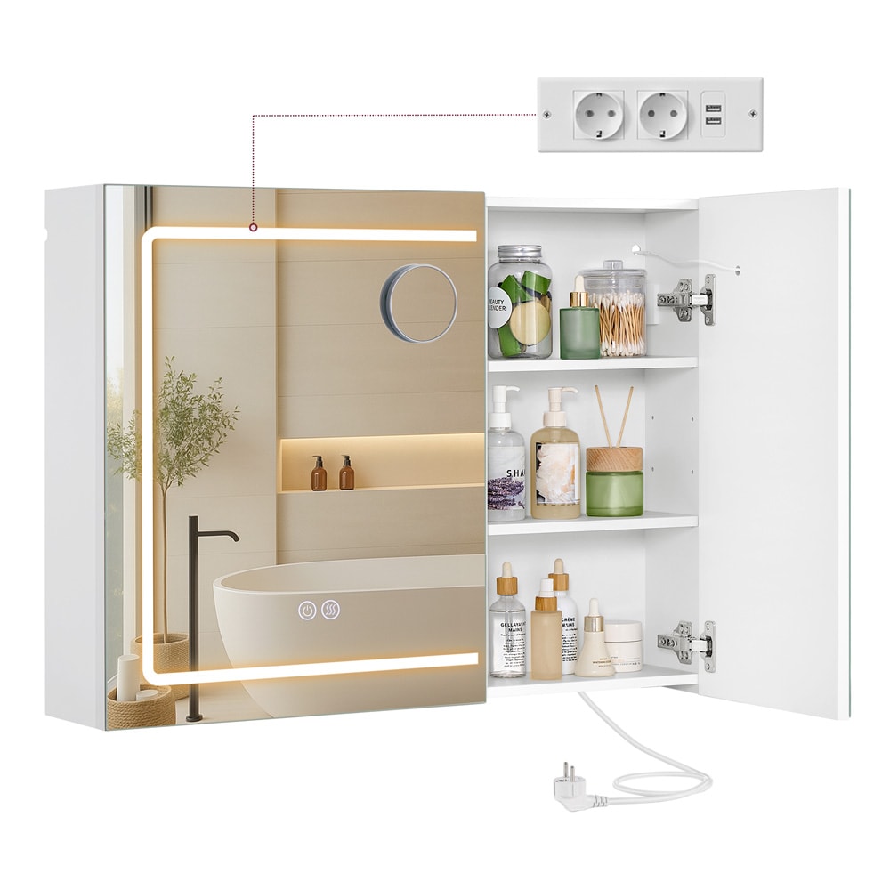 Speilskap 80×16,5×60 cm / veggskap med LED-lys / baderomsskap med stikkontakt og hyller – Hvit