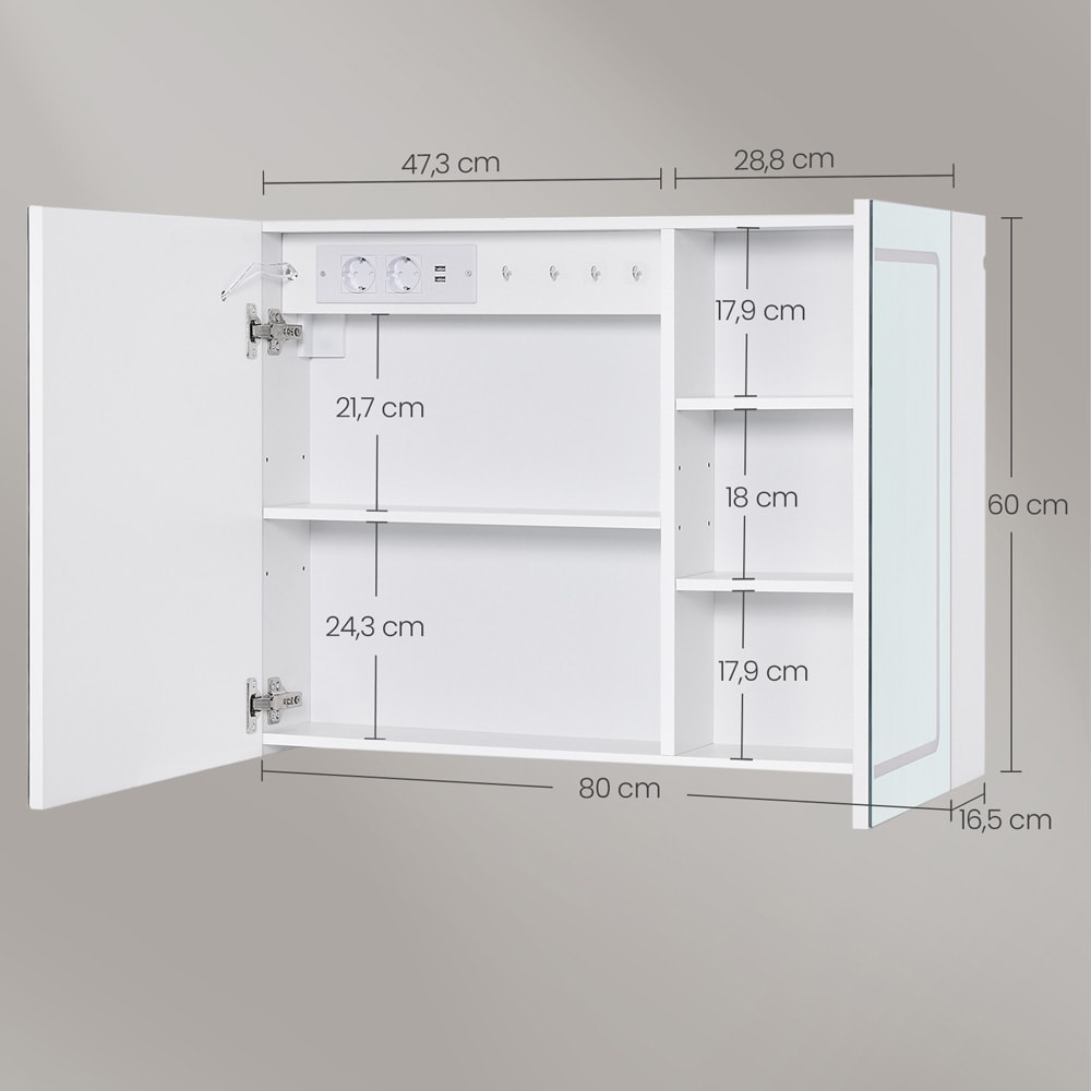Speilskap 80×16,5×60 cm / veggskap med LED-lys / baderomsskap med stikkontakt og hyller – Hvit