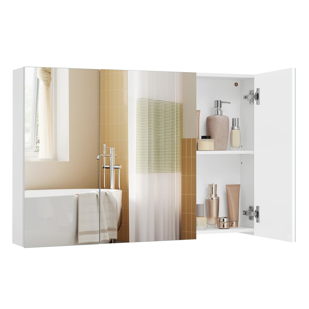 Baderomsskap med speil 90x60 cm / speilskap med 3 dører / veggskap til bad / hvitt oppbevaringsskap