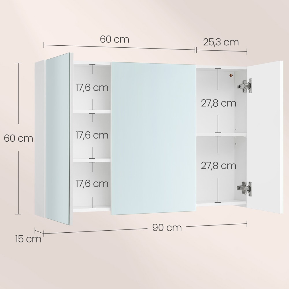Baderomsskap med speil 90x60 cm / speilskap med 3 dører / veggskap til bad / hvitt oppbevaringsskap