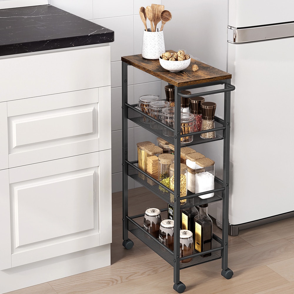 Serveringsvogn 45,5×22×77 cm / oppbevaringsvogn med 4 hyller og hjul / kjøkkenvogn – Brun/svart