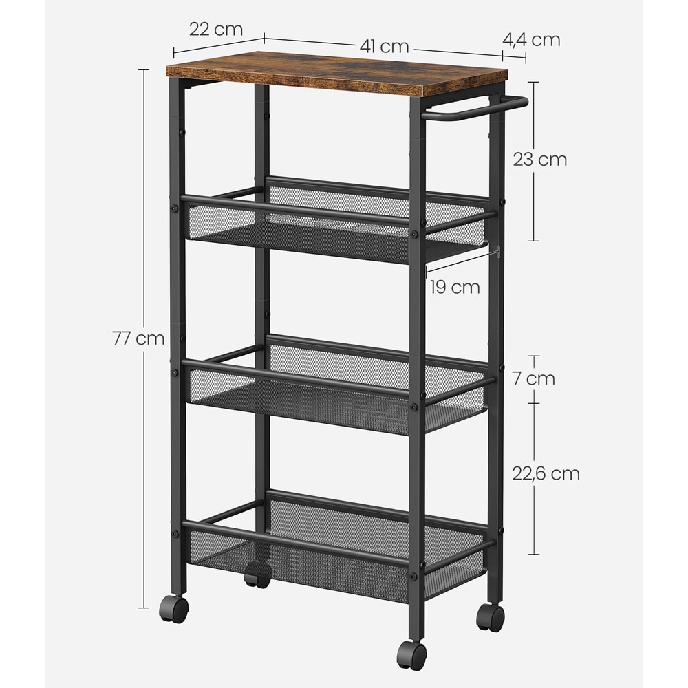 Serveringsvogn 45,5×22×77 cm / oppbevaringsvogn med 4 hyller og hjul / kjøkkenvogn – Brun/svart