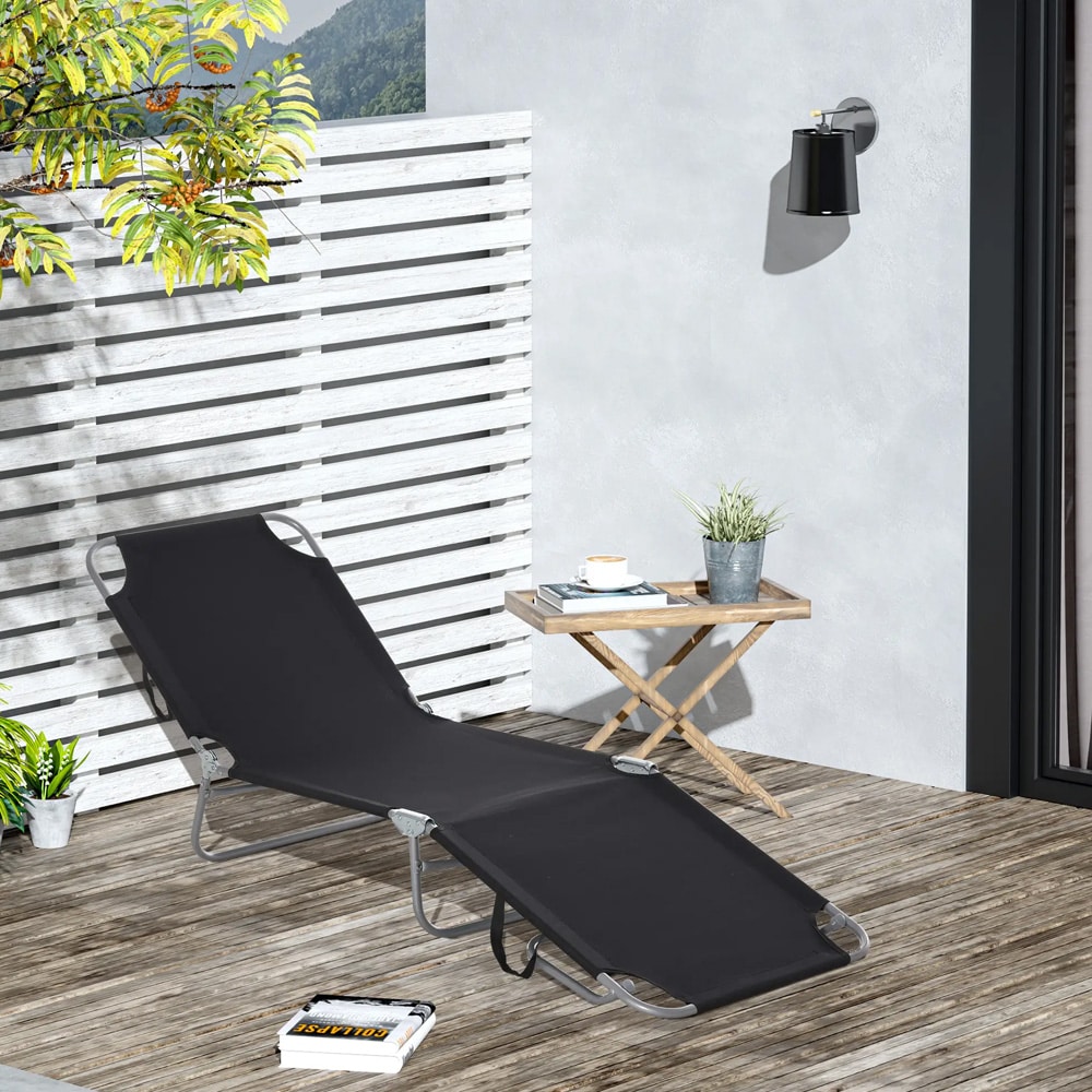 Solseng med justerbar ryggstøtte 187cm - Svart / sammenleggbar solseng for hage og camping