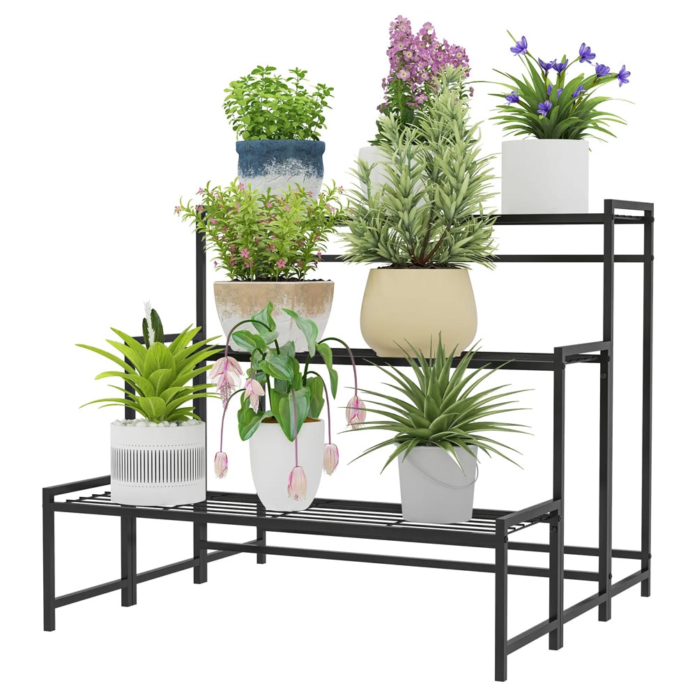 Plantestativ 75×70×66 cm / 3-etasjes blomsterstativ i metall for inne- og utebruk – Svart