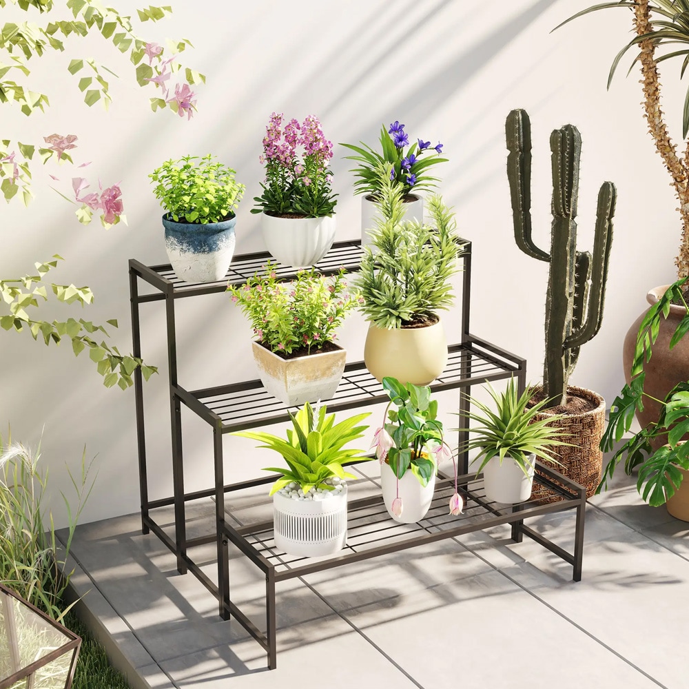 Plantestativ 75×70×66 cm / 3-etasjes blomsterstativ i metall for inne- og utebruk – Svart